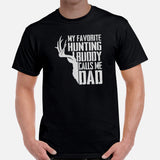 Buck & Deer Hunting T-Shirt - Gift for Hunter, Bow Hunter & Archer - Hunting Season Tee - My Favorite Hunting Buddy Calls Me Dad Shirt - Black, Men