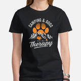 Camping and Dogs Therapy: Happy Dog Lover's Campfire T-Shirt - Purr-fect Gift for Dog Mom & Dad, Nature & Wilderness Adventure Lovers - Black, Women