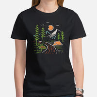 Camping Lover Forest Themed Boho T-Shirt - Campfire & Bonfire Adventure, Glamping Vibes Tee for Happy Campers and Nature Enthusiasts - Black, Women