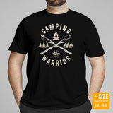 Camping Warrior: Campfire, Glamping Tent, Pine Tree & Compass T-Shirt - Camp Vibes Tee - Ideal Gift for Nature & Wilderness Enthusiasts - Black, Plus Size