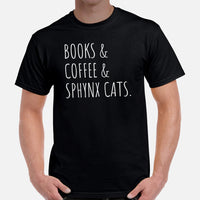 Cat Clothes & Attire - Funny Cat Dad & Mom Tee Shirts - Gift Ideas, Presents For Cat Lovers & Owners - Books, Coffee & Sphynx Cats Tee - Black, Men