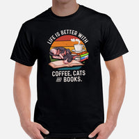 Cat Clothes & Attire - Funny Cat Dad & Mom Tee Shirts - Gifts For Cat Lovers & Owners - Life Is Better With Cats, Coffee And Books Tee - Black, Men
