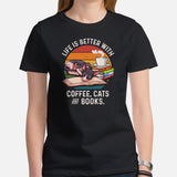 Cat Clothes & Attire - Funny Cat Dad & Mom Tee Shirts - Gifts For Cat Lovers & Owners - Life Is Better With Cats, Coffee And Books Tee - Black, Women