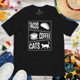 Cat Clothes & Attire - Funny Cat Mom & Dad Tee Shirts - Gift Ideas, Presents For Cat Lovers & Owners - Tacos And Coffee And Cats Tee - Black