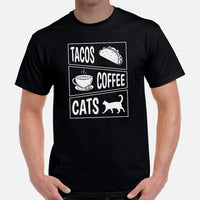 Cat Clothes & Attire - Funny Cat Mom & Dad Tee Shirts - Gift Ideas, Presents For Cat Lovers & Owners - Tacos And Coffee And Cats Tee - Black, Men