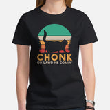 Cat Clothes & Attire - Funny Chonk Cat Mom & Dad Tee Shirts - Gift Ideas, Presents For Cat Lovers & Owners - Oh Lawd He Comin' T-Shirt - Black, Women