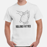 Cat Clothes & Attire - Funny Chonk Cat Mom & Dad Tee Shirts - Gifts For Cat Lovers & Owners - Rolling Fatties T-Shirt - White, Men