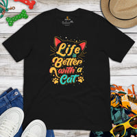 Cat Clothes & Attire - Funny Kitten Cat Dad & Mom Tee Shirts - Gift Ideas, Presents For Cat Lovers - Life Is Better With A Cat T-Shirt - Black