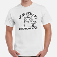 Cat Clothes & Attire - Funny Kitten Cat Dad & Mom Tee Shirts - Gift Ideas, Presents For Cat Lovers - Most Likely Bring Home A Cat Shirt - White, Men