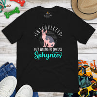 Cat Clothes & Attire - Funny Sphynx Cat Dad & Mom Tee Shirts - Gift Ideas For Cat Lovers - Introvert But Willing To Discuss T-Shirt - Black