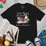 Cat Clothes & Attire - Funny Sphynx Cat Dad & Mom Tee Shirts - Gifts For Cat Lovers - Life Is Perfect With Cats, Books And Coffee Tee - Black