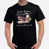 Cat Clothes & Attire - Funny Sphynx Cat Dad & Mom Tee Shirts - Gifts For Cat Lovers - Life Is Perfect With Cats, Books And Coffee Tee - Black, Men