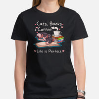 Cat Clothes & Attire - Funny Sphynx Cat Dad & Mom Tee Shirts - Gifts For Cat Lovers - Life Is Perfect With Cats, Books And Coffee Tee - Black, Women