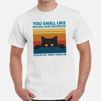 Cat Themed Clothes & Attire - Funny Cat Mom & Dad Tee Shirts - Gift Ideas For Cat Lovers - You Smell Like Drama And Headache T-Shirt - White, Men