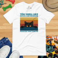 Cat Themed Clothes & Attire - Funny Cat Mom & Dad Tee Shirts - Gift Ideas For Cat Lovers - You Smell Like Drama And Headache T-Shirt - White