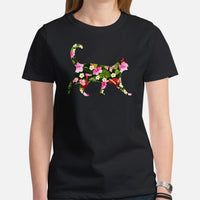 Cat Themed Clothes & Attire - Funny Kitten Cat Mom Tee Shirts - Presents, Gift Ideas For Cat Lovers - Tropical Floral Cat T-Shirt - Black, Women