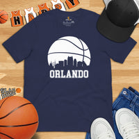 Christmas Gift Ideas for Basketball Lover, Coach & Player - Senior Night, Game Outfit & Attire - Orlando Skyline B-ball Fanatic Tee - Navy