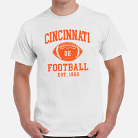 Cincinnati Est.1968 T-Shirt - Football Fanatic Vintage Graphic Shirt: Retro Style, Ideal Gifts for Football Fans - Game Day Shirt - White, Men