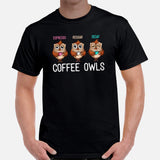 Coffee T-Shirt - Gift Ideas, Presents For Coffee Lovers, Connoisseur & Snobs - Coffee Date Attire & Outfit - Cute Coffee Owls Tee Shirt - Black, Men