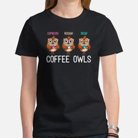 Coffee T-Shirt - Gift Ideas, Presents For Coffee Lovers, Connoisseur & Snobs - Coffee Date Attire & Outfit - Cute Coffee Owls Tee Shirt - Black, Women
