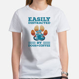 Coffee T-Shirt - Presents For Dog Parents, Coffee Lovers & Connoisseur - Coffee Date Attire - Easily Distracted By Dogs And Coffee Tee - White, Women