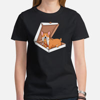 Corgi Dog Themed Clothes & Attire - Gifts for Dog Lovers - Canine Tee Shirts For Humans - Cute Puppy Enjoying A Pizza Slice T-Shirt - Black, Women