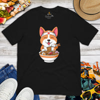 Corgi Dog Themed Clothes & Attire - Gifts for Dog Lovers - Canine Tee Shirts For Humans - Cute Puppy Enjoying Ramen Noodles T-Shirt - Black