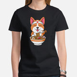 Corgi Dog Themed Clothes & Attire - Gifts for Dog Lovers - Canine Tee Shirts For Humans - Cute Puppy Enjoying Ramen Noodles T-Shirt - Black, Women