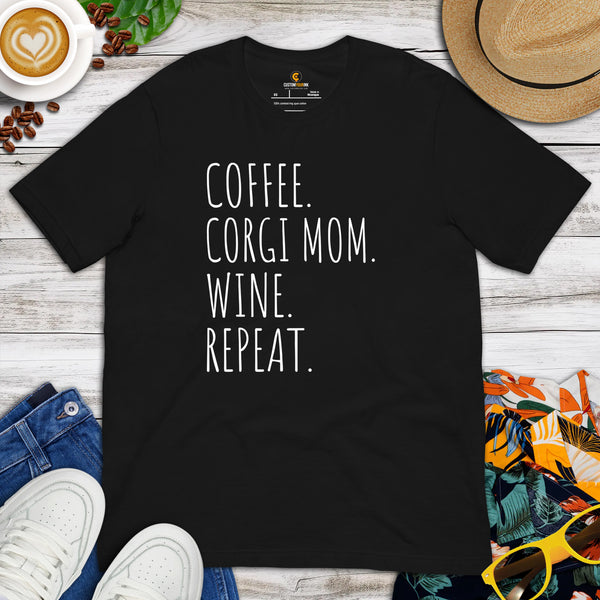 Corgi Dog Themed Clothes & Attire - Gifts for Dog Lovers - Funny Canine Tee Shirts For Humans - Coffee, Corgi Mom, Wine, Repeat T-Shirt - Black