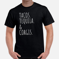 Corgi Dog Themed Clothes & Attire - Gifts for Dog Lovers - Funny Canine Tee Shirts For Humans - Tacos, Tequila & Corgis T-Shirt - Black, Men