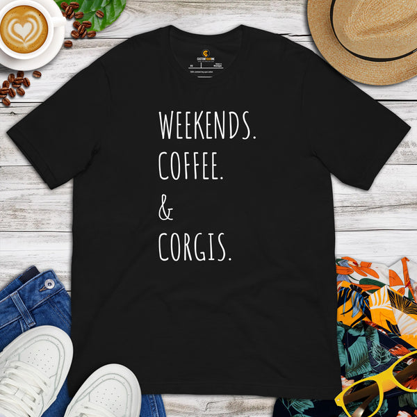 Corgi Dog Themed Clothes & Attire - Gifts for Dog Lovers - Funny Canine Tee Shirts For Humans - Weekends, Coffee And Corgis T-Shirt - Black