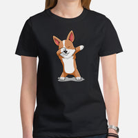 Corgi Dog Themed Clothes & Attire - Gifts for Dog Moms, Dads & Lovers - Funny Canine Tee Shirts For Humans - Cute Puppy Dabbing T-Shirt - Black, Women