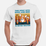 Corgi Dog Themed Clothes - Gifts for Dog Lovers - Canine Tee Shirts For Humans - Time Spent With Dogs And Beer Is Never Wasted T-Shirt - White, Men