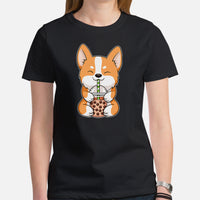 Corgi Dog Themed Clothes - Gifts for Dog Lovers - Funny Canine Tee Shirts For Humans - Cute Puppy Enjoying A Bubble Tea Cup T-Shirt - Black, Women