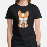 Corgi Dog Themed Clothes - Gifts for Dog Lovers - Funny Canine Tee Shirts For Humans - Cute Puppy Enjoying A Bubble Tea Cup T-Shirt - Black, Women