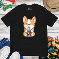 Corgi Dog Themed Clothes - Gifts for Dog Lovers - Funny Canine Tee Shirts For Humans - Cute Puppy Enjoying A Bubble Tea Cup T-Shirt - Black