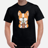 Corgi Dog Themed Clothes - Gifts for Dog Lovers - Funny Canine Tee Shirts For Humans - Cute Puppy Enjoying A Bubble Tea Cup T-Shirt - Black, Men