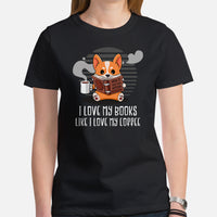 Corgi Dog Themed Clothes - Gifts for Dog Lovers - Funny Canine Tee Shirts For Humans - I Love My Books Like I Love My Coffee T-Shirt - Black, Women