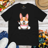 Corgi Dog Themed Clothes - Gifts for Dog Moms, Dads & Lovers - Canine Tee Shirts For Humans - Cute Puppy Enjoying Ramen Noodles T-Shirt - Black