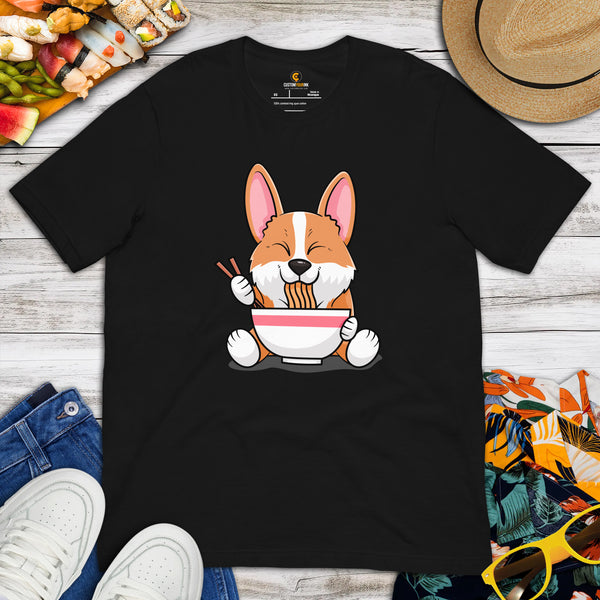 Corgi Dog Themed Clothes - Gifts for Dog Moms, Dads & Lovers - Canine Tee Shirts For Humans - Cute Puppy Enjoying Ramen Noodles T-Shirt - Black