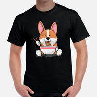 Corgi Dog Themed Clothes - Gifts for Dog Moms, Dads & Lovers - Canine Tee Shirts For Humans - Cute Puppy Enjoying Ramen Noodles T-Shirt - Black, Men