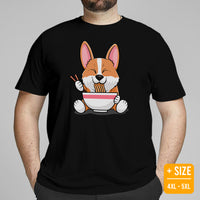 Corgi Dog Themed Clothes - Gifts for Dog Moms, Dads & Lovers - Canine Tee Shirts For Humans - Cute Puppy Enjoying Ramen Noodles T-Shirt - Black, Plus Size