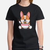 Corgi Dog Themed Clothes - Gifts for Dog Moms, Dads & Lovers - Canine Tee Shirts For Humans - Cute Puppy Enjoying Ramen Noodles T-Shirt - Black, Women