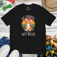 Corgi Dog Themed Clothes - Gifts for Dog Moms, Dads & Lovers - Funny Canine Tee Shirts For Humans - My Therapist Has A Wet Nose T-Shirt - Black
