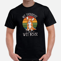 Corgi Dog Themed Clothes - Gifts for Dog Moms, Dads & Lovers - Funny Canine Tee Shirts For Humans - My Therapist Has A Wet Nose T-Shirt - Black, Men