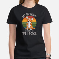 Corgi Dog Themed Clothes - Gifts for Dog Moms, Dads & Lovers - Funny Canine Tee Shirts For Humans - My Therapist Has A Wet Nose T-Shirt - Black, Women