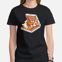 Corgi Dog Themed Clothes - Gifts for Fast Food & Dog Lovers - Canine Tee Shirts For Humans - Cute Puppy Enjoying A Pizza Slice T-Shirt - Black, Women