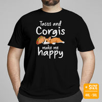 Corgi Dog Themed Clothes - Gifts for Fast Food & Dog Lovers - Funny Canine Tee Shirts For Humans - Tacos & Corgis Make Me Happy T-Shirt - Black, Plus Size