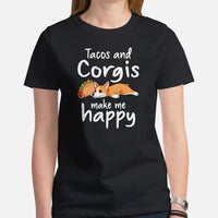 Corgi Dog Themed Clothes - Gifts for Fast Food & Dog Lovers - Funny Canine Tee Shirts For Humans - Tacos & Corgis Make Me Happy T-Shirt - Black, Women