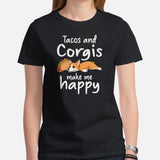 Corgi Dog Themed Clothes - Gifts for Fast Food & Dog Lovers - Funny Canine Tee Shirts For Humans - Tacos & Corgis Make Me Happy T-Shirt - Black, Women